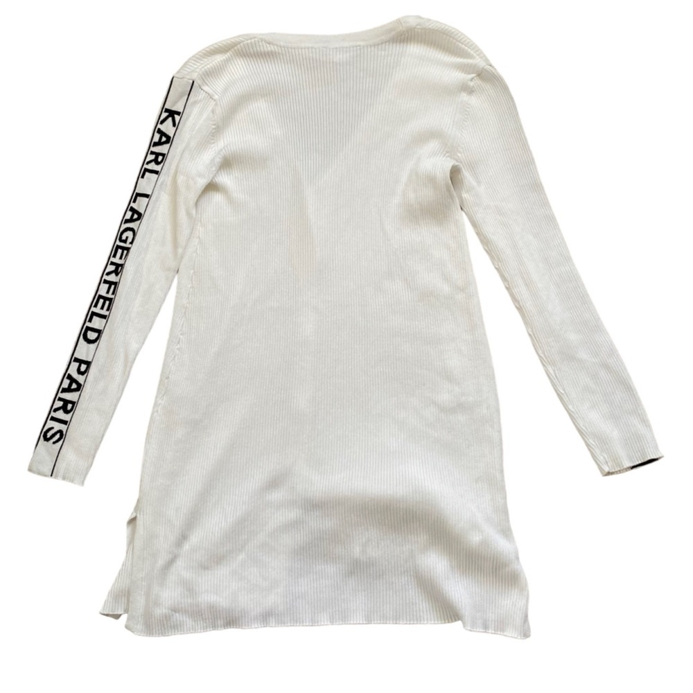 Karl Lagerfeld Paris Long Cardigan Ribbed White/Black Sweater Side Arm Logo XS - Picture 3 of 8